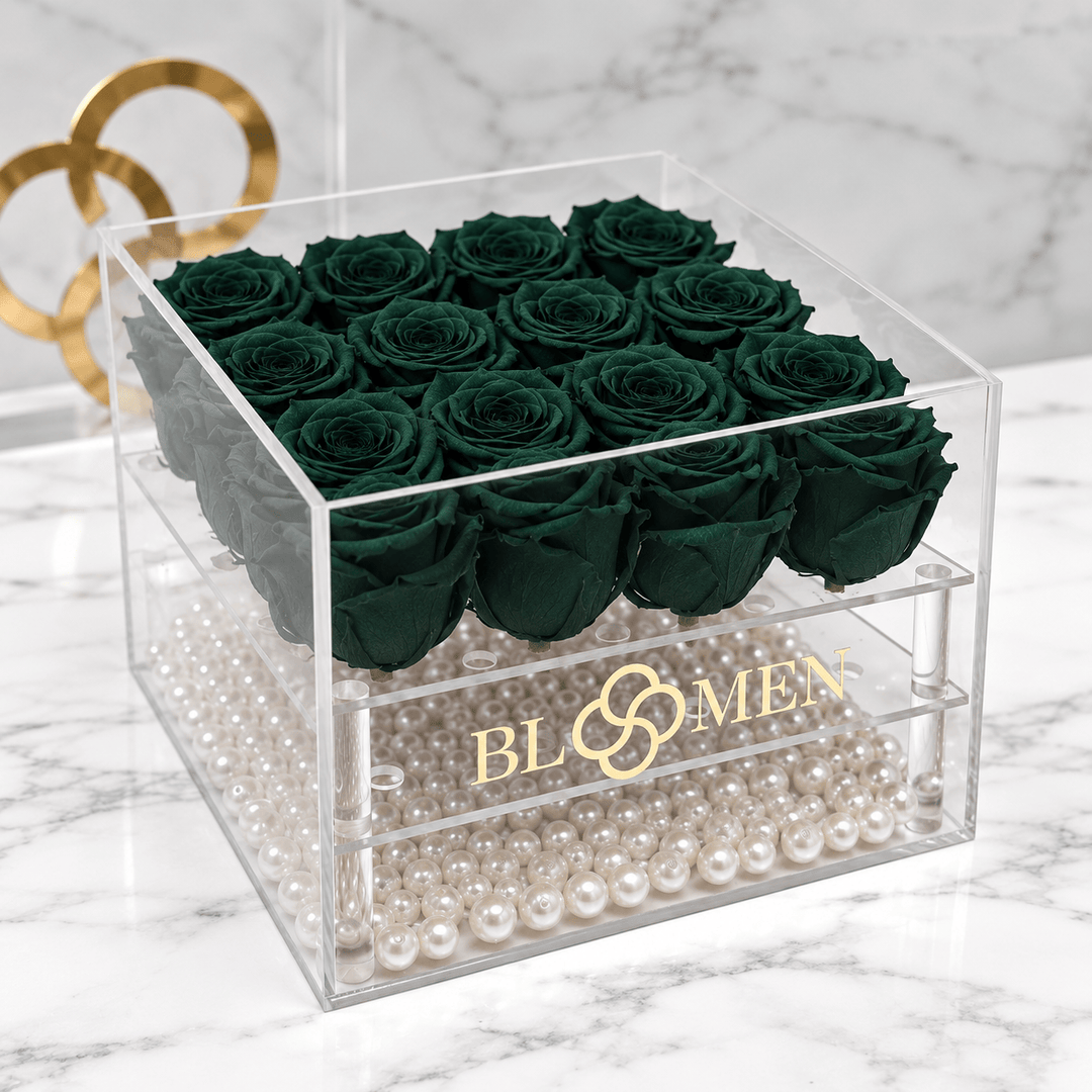 Front view of sixteen hunter green everlasting roses in a clear Bloomen box with decorative beads