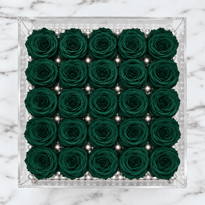 Front view of twenty-five hunter green everlasting roses in a clear box with decorative beads