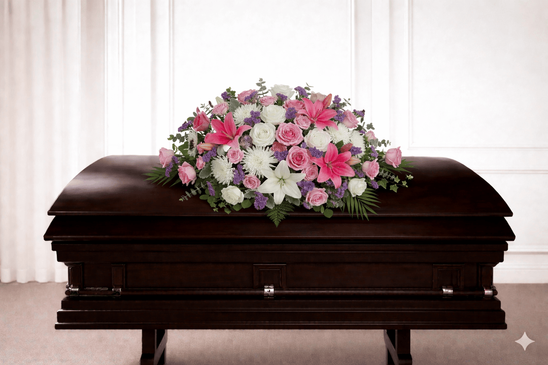 Casket Spray: Lilies, Roses & Chrysanthemums (White. Pink, Purple)