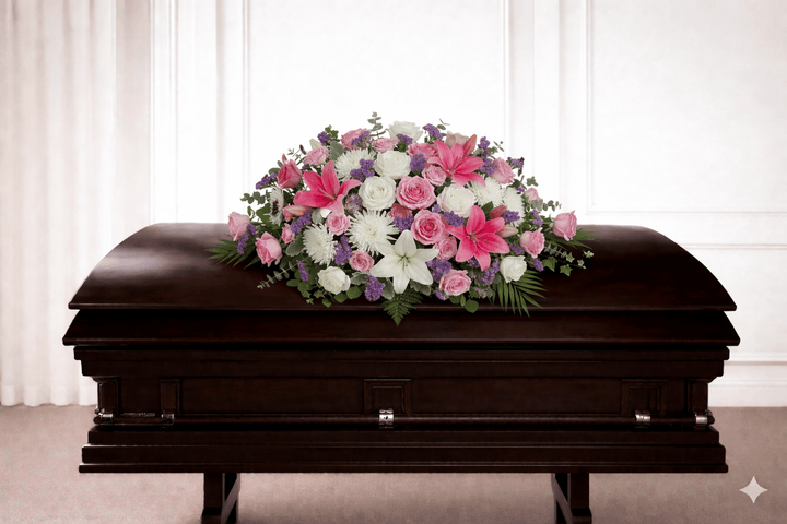 Casket Spray: Lilies, Roses & Chrysanthemums (White. Pink, Purple)