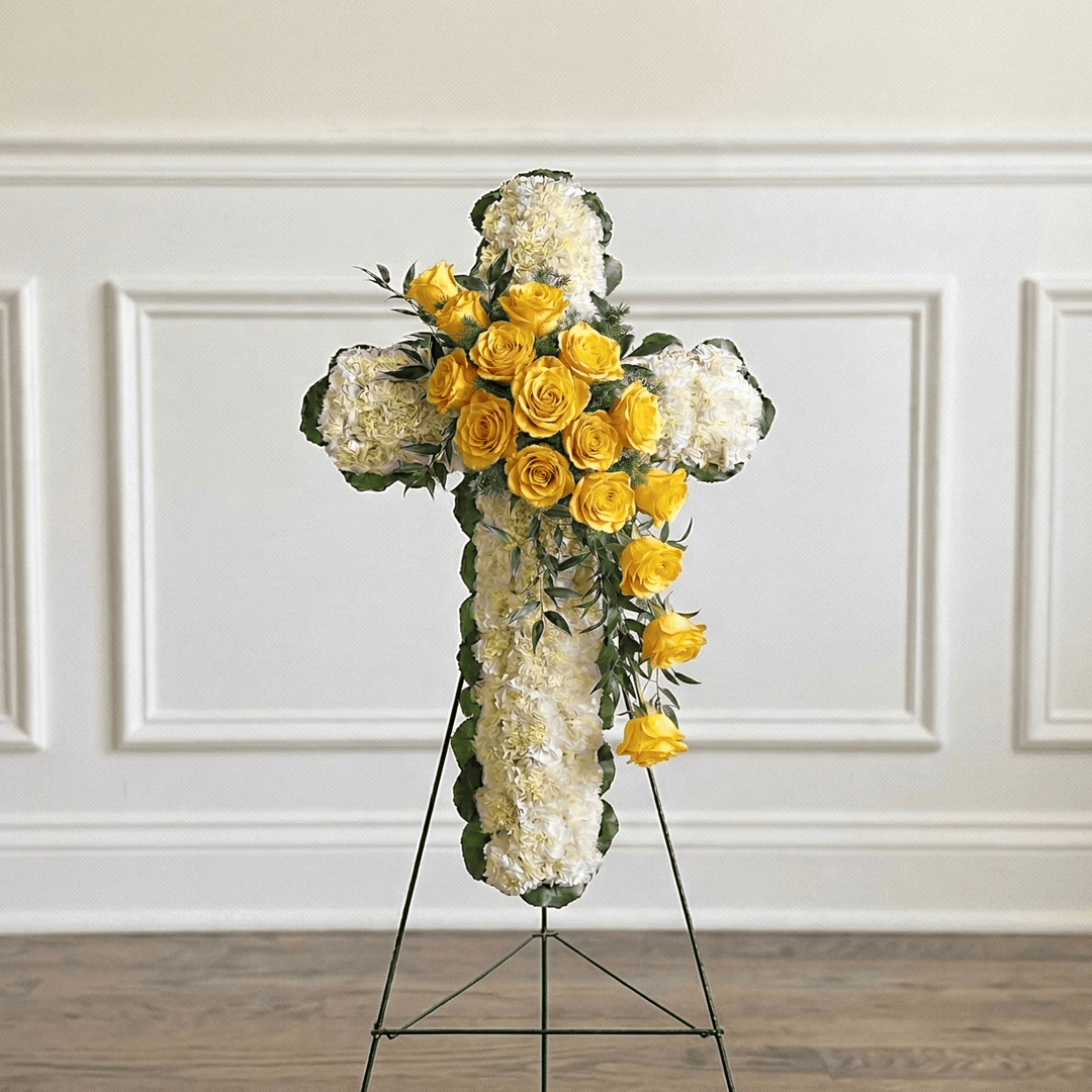 Classic Cross: Carnations and Roses (White & Yellow)