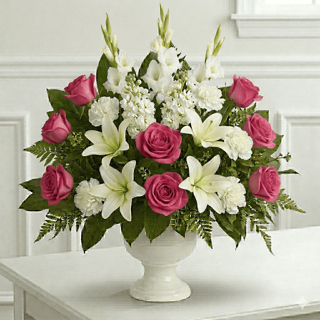 Urn Arrangement: Roses, Carnations & Lilies (Pink & White)