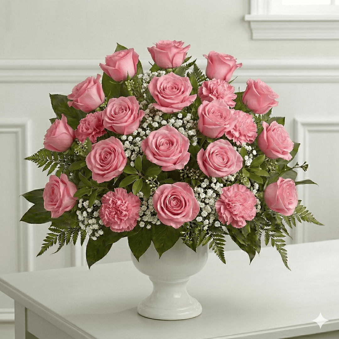 Urn Arrangement: Roses, Carnations & Baby Breath (Pink)