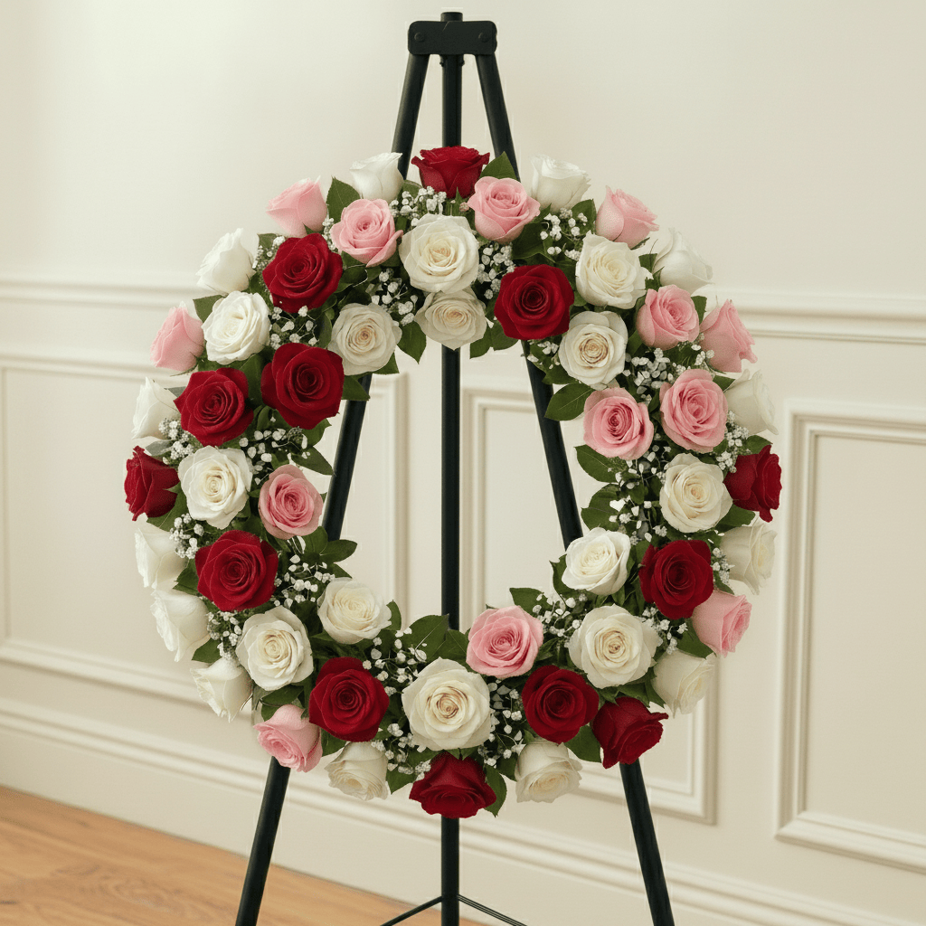 Wreath: Roses & Baby Breath (Red, Pink & White)