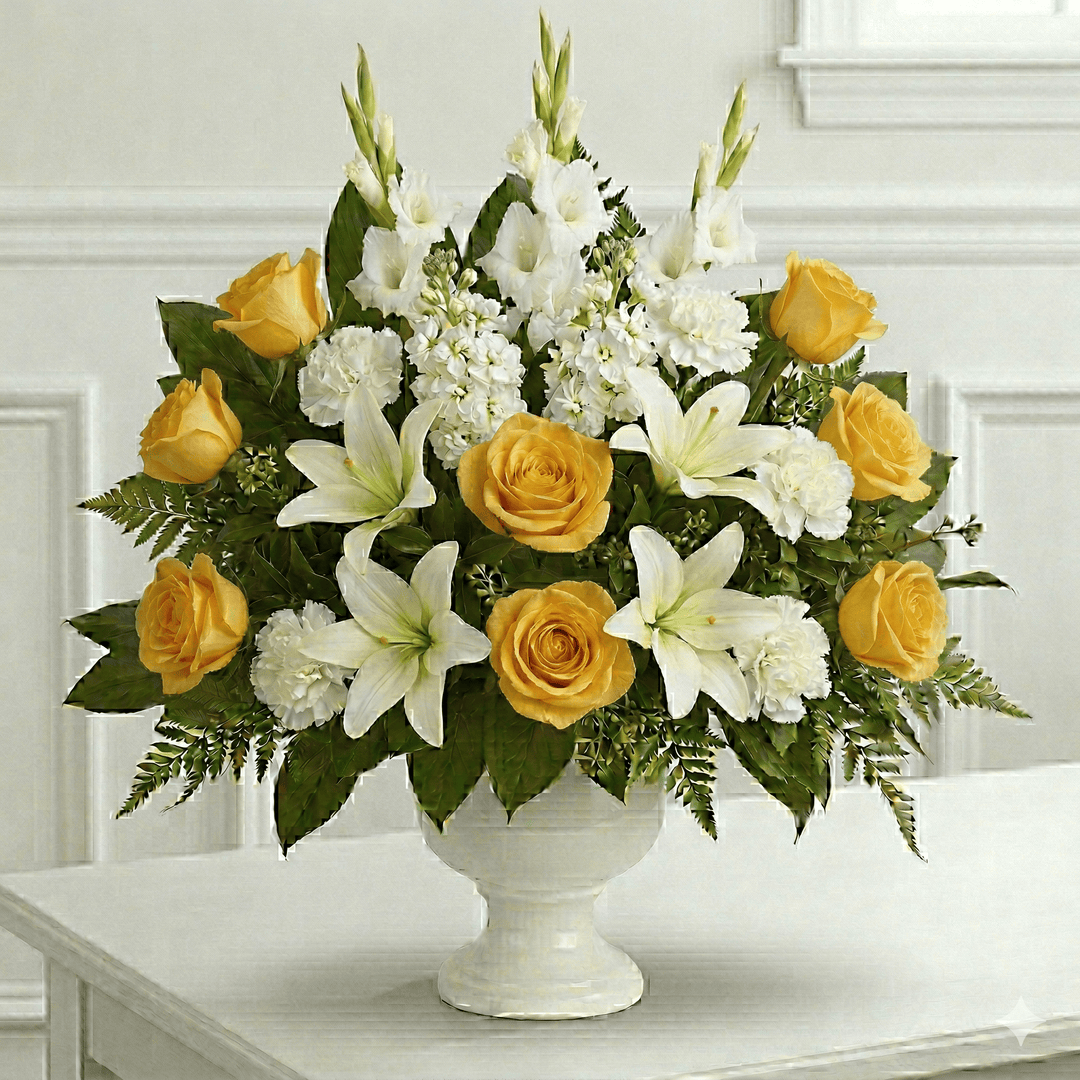 Urn Arrangement: Roses, Carnations & Lilies (Yellow and White)