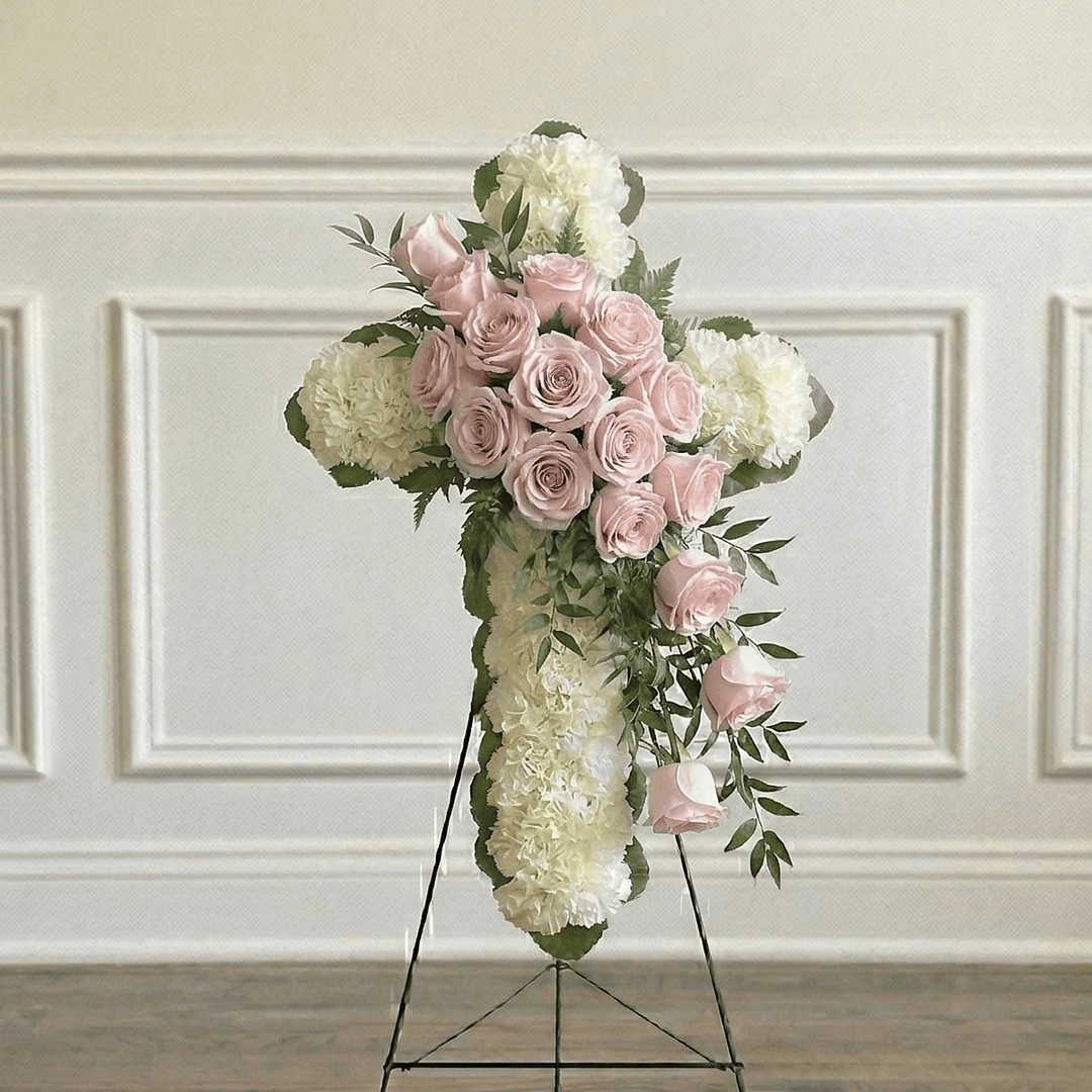Classic Cross: Carnations & Roses (White & Pink)