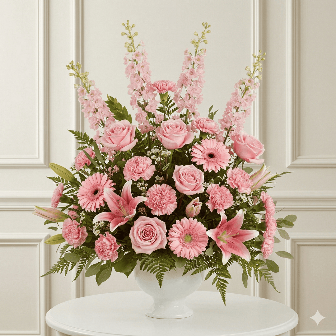 Urn Arrangement: Roses, Carnations, Gerbers, Lilies (Pink)