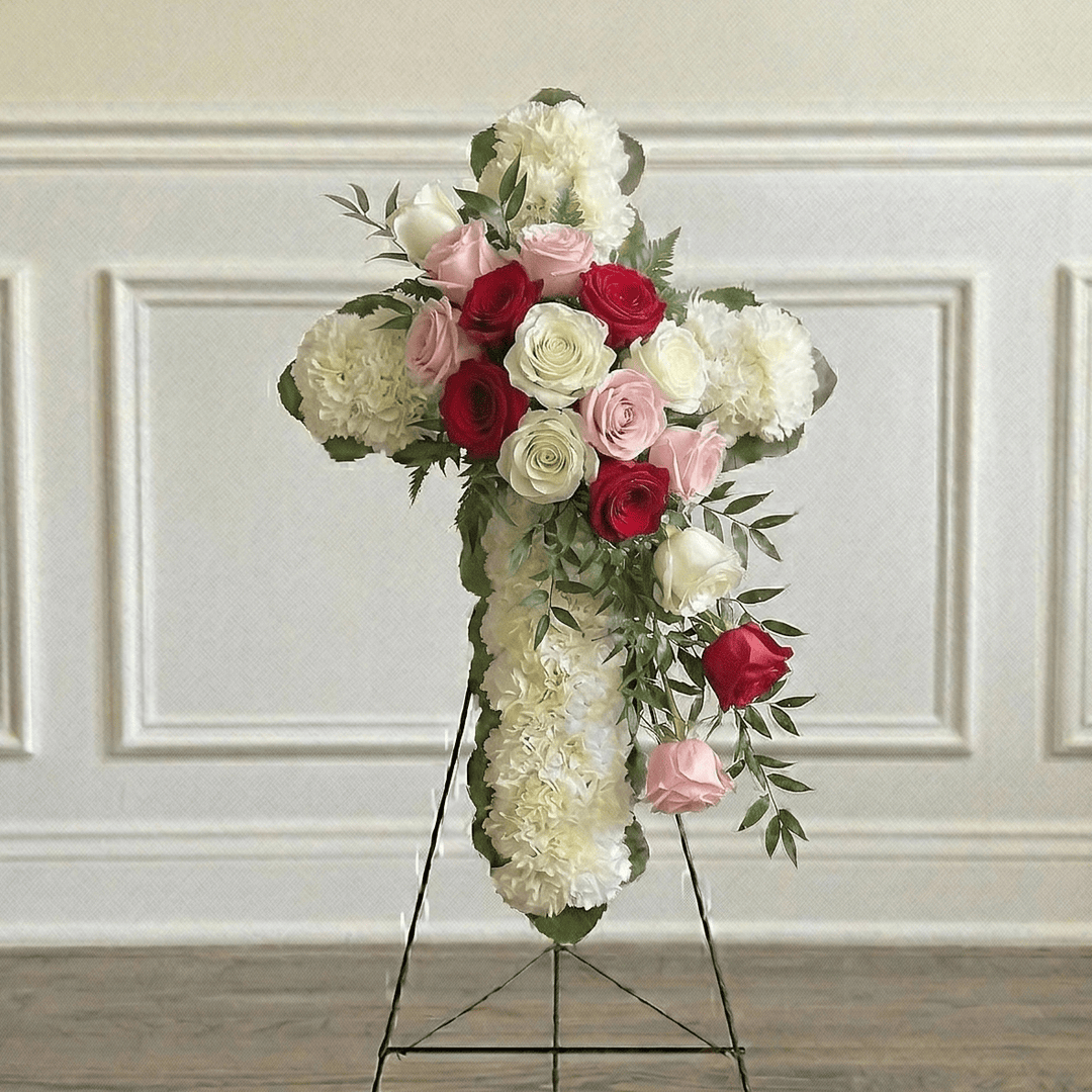 Classic Cross: Carnations & Roses (Pink, Red & White)