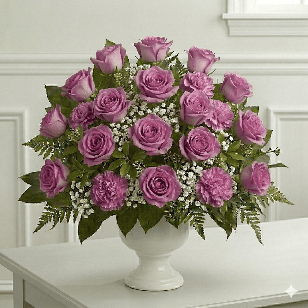 Urn Arrangement: Roses, Carnations & Baby Breath (Lavender)