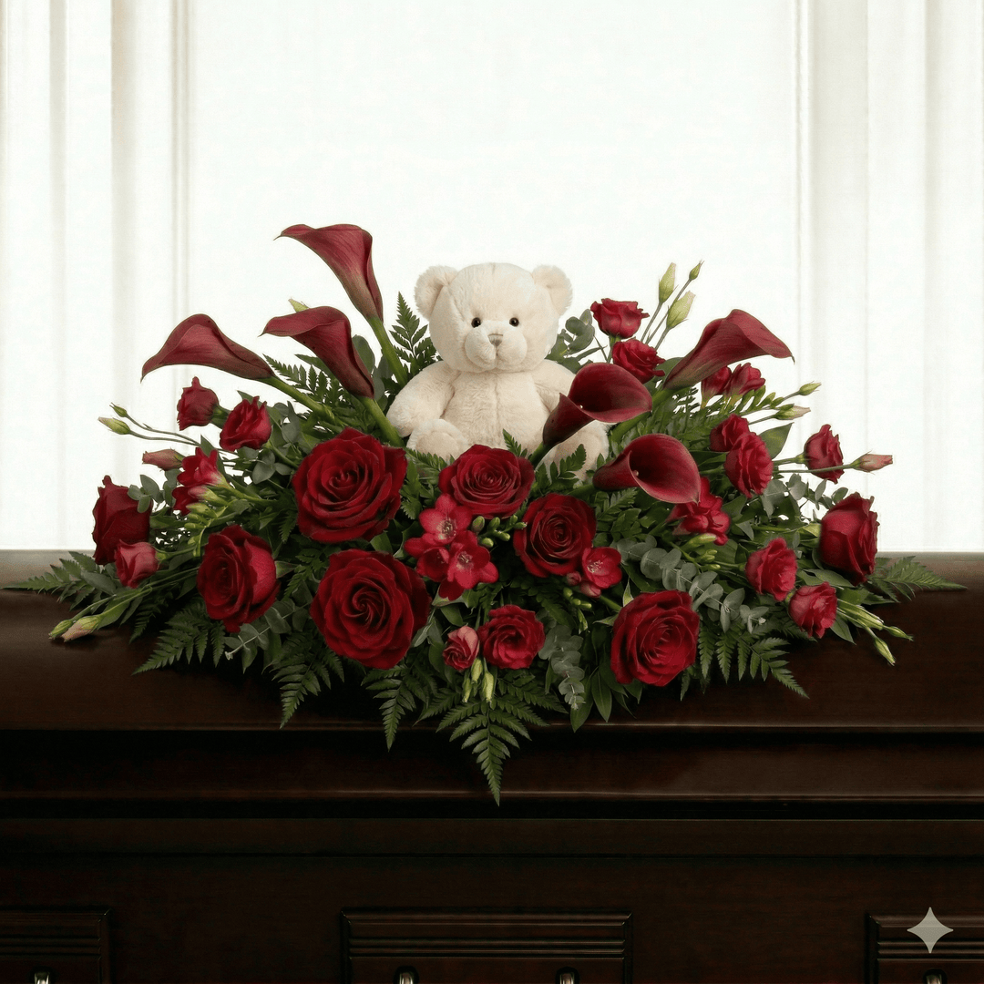 Children's Casket Spray: Calla Lilly, Roses and Lisianthus (Red)