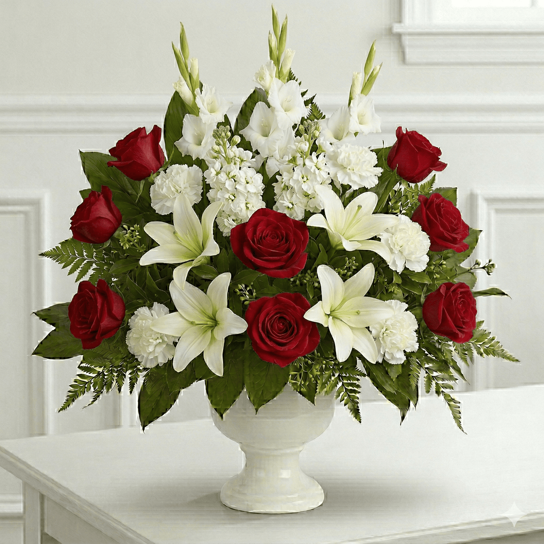 Urn Arrangement: Roses & Carnations (Red & White)
