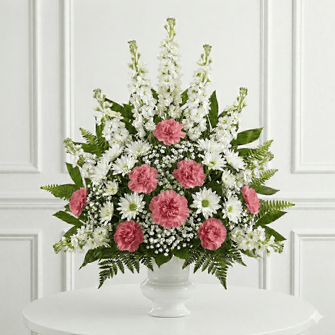 Arrangement: Carnations, Mums & Baby Breath (Pink & White)