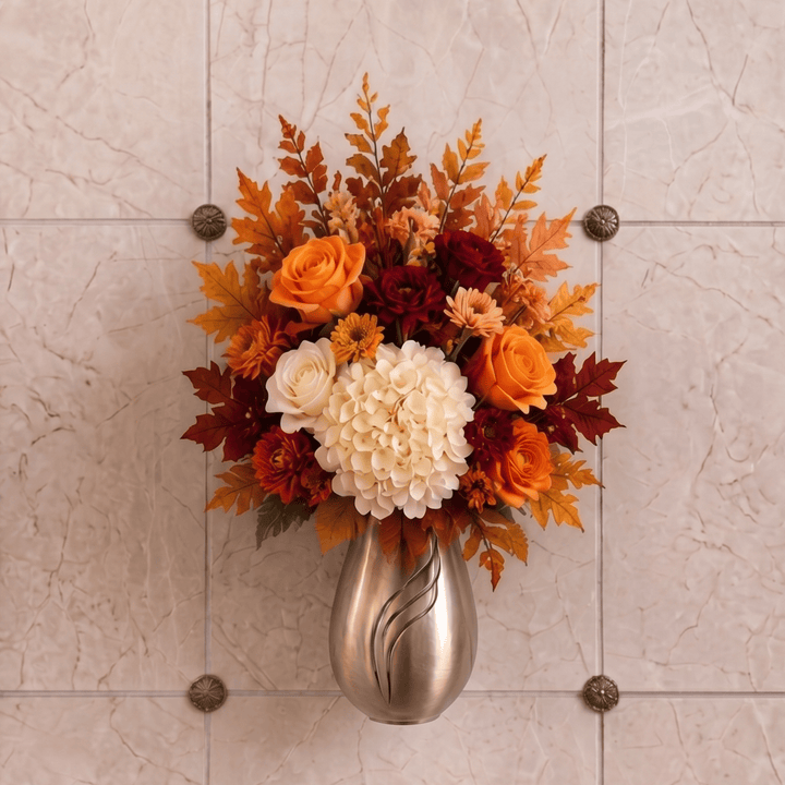 Artificial Mausoleum: Roses, Dahlias & Chrysanthemums (Orange, White & Burgundy)