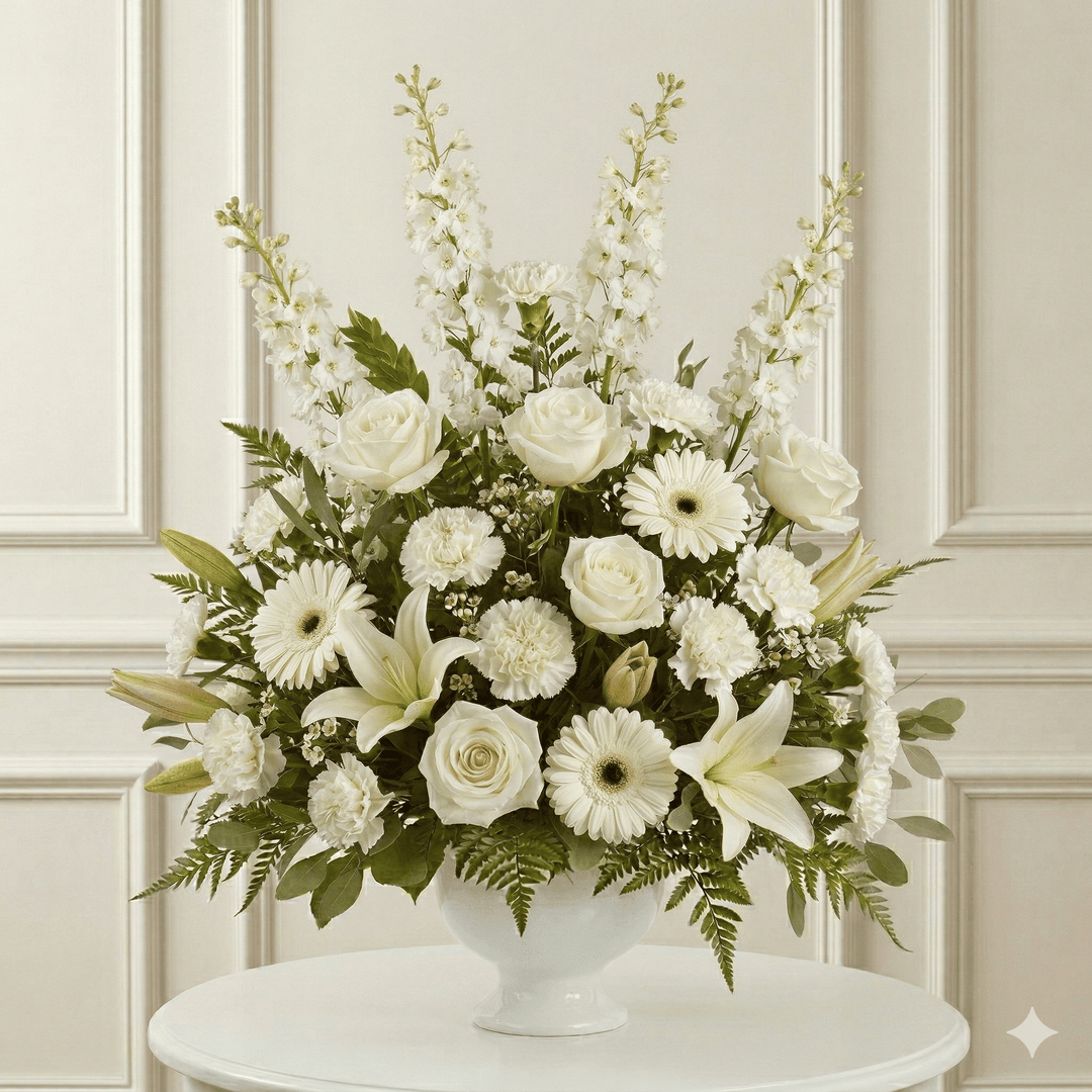 Urn Arrangement: Roses, Carnations, Gerbers, Lilies (White)