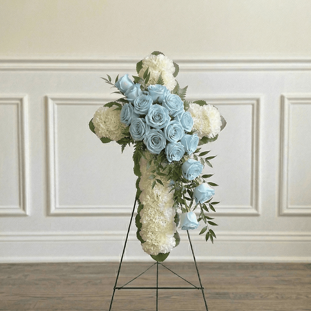 Classic Cross: Carnations & Roses (White & Blue)