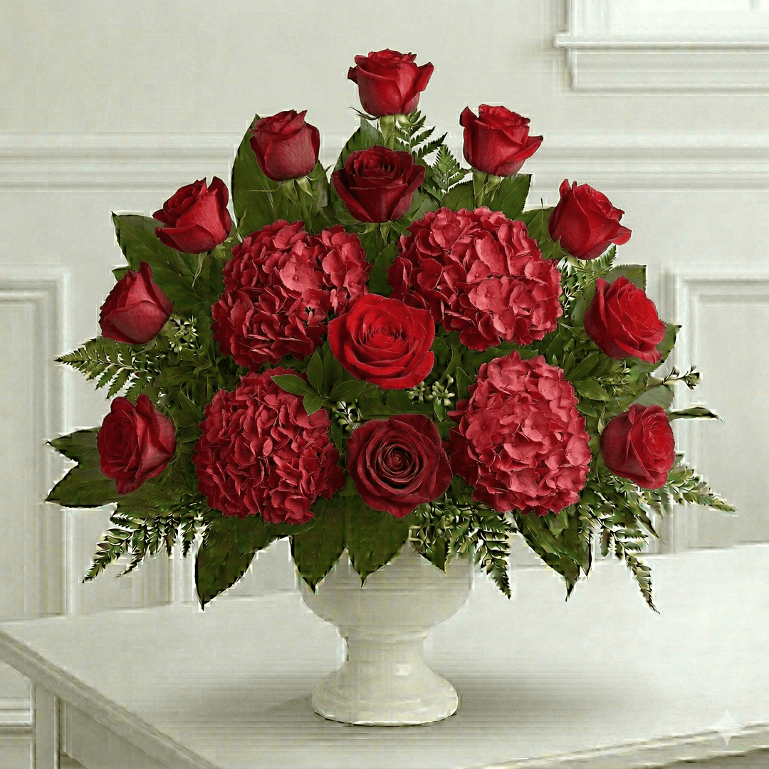 Urn Arrangement: Roses & Hydrangeas (Red)