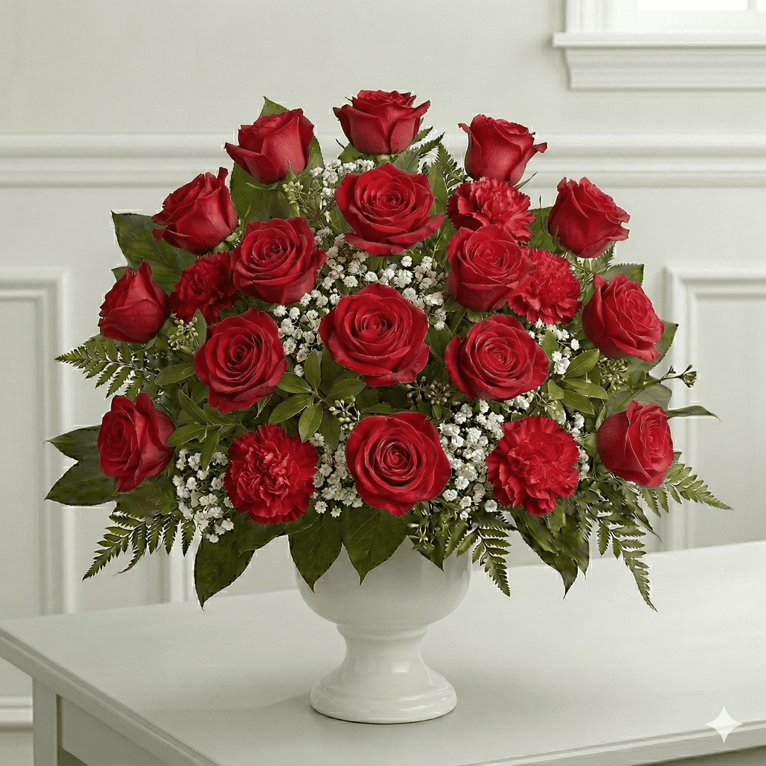 Urn Arrangement: Roses, Carnations & Baby Breath (Red)