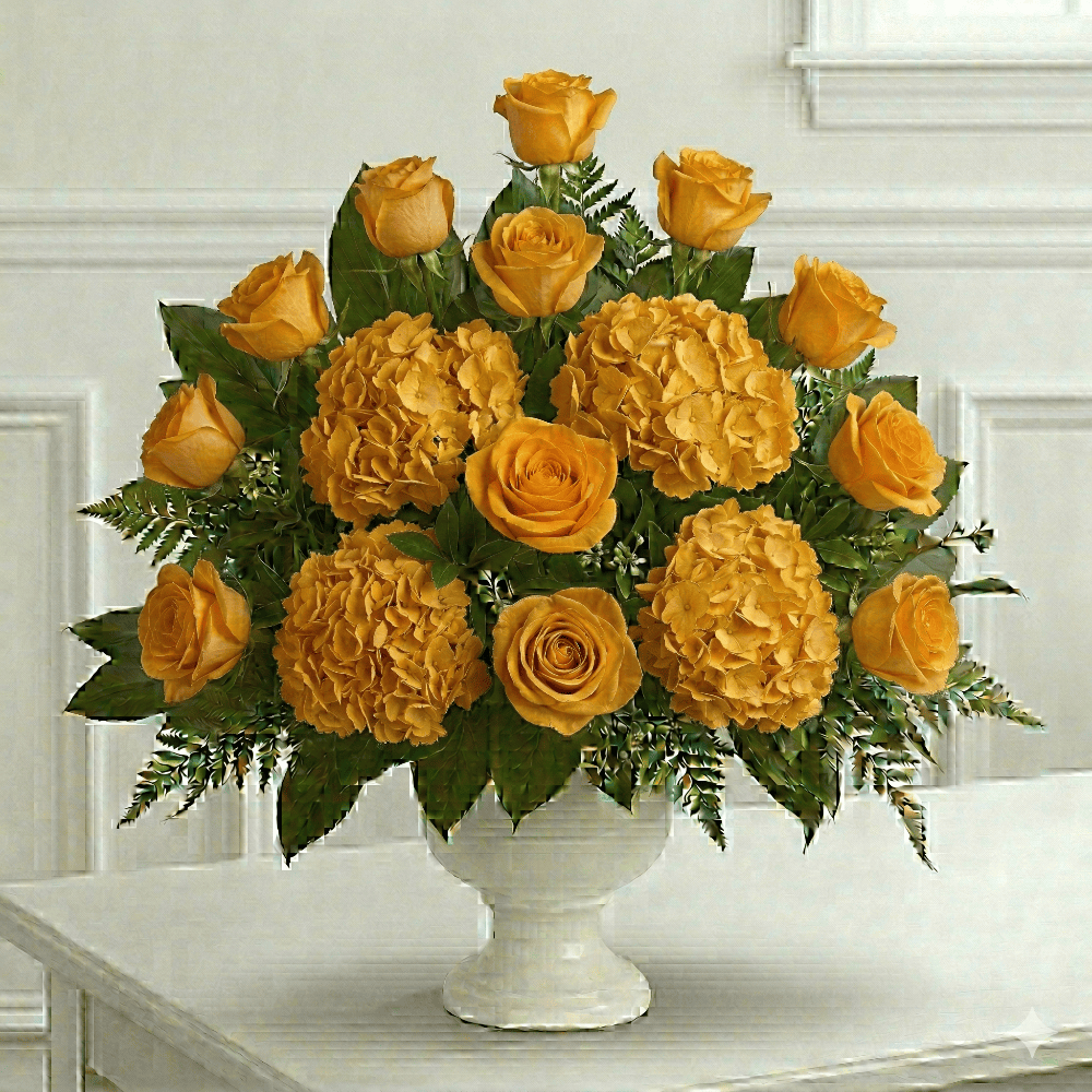 Urn Arrangement: Roses & Hydrangeas (Yellow)