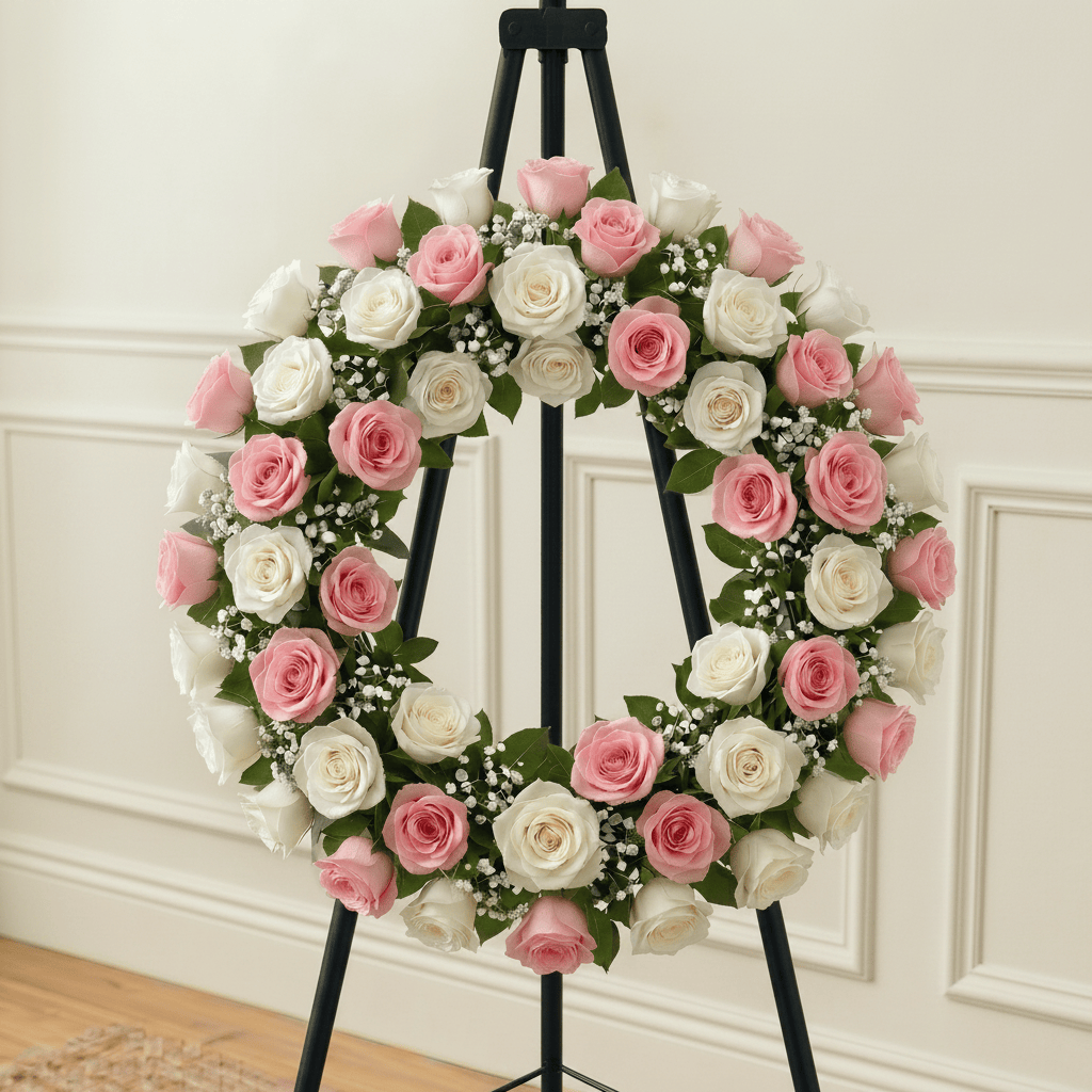 Wreath: Roses & Baby Breath (Pink & White)