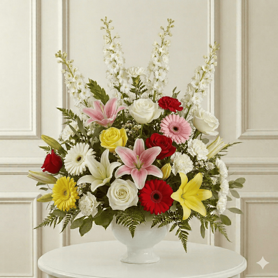 Urn Arrangement: Roses, Carnations, Gerbers, Lilies (Mixed)