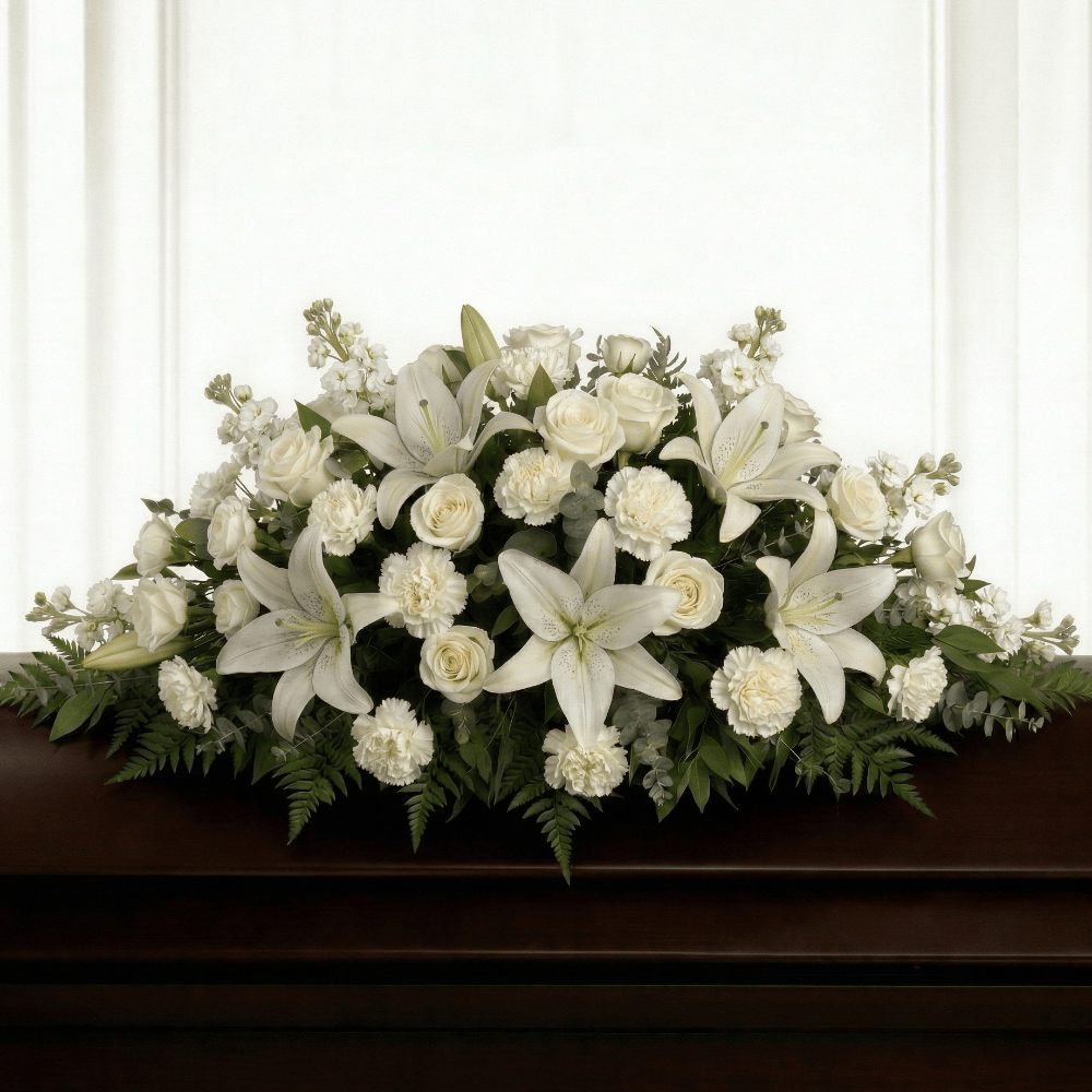 Casket Spray: Roses, Carnations, Stock & Lilies (White)