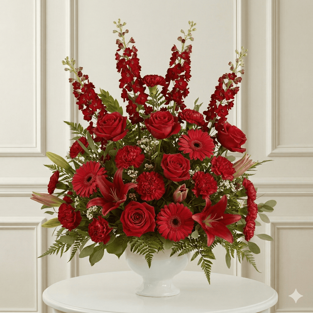 Urn Arrangement: Roses, Carnations, Gerbers, Lilies (Red)