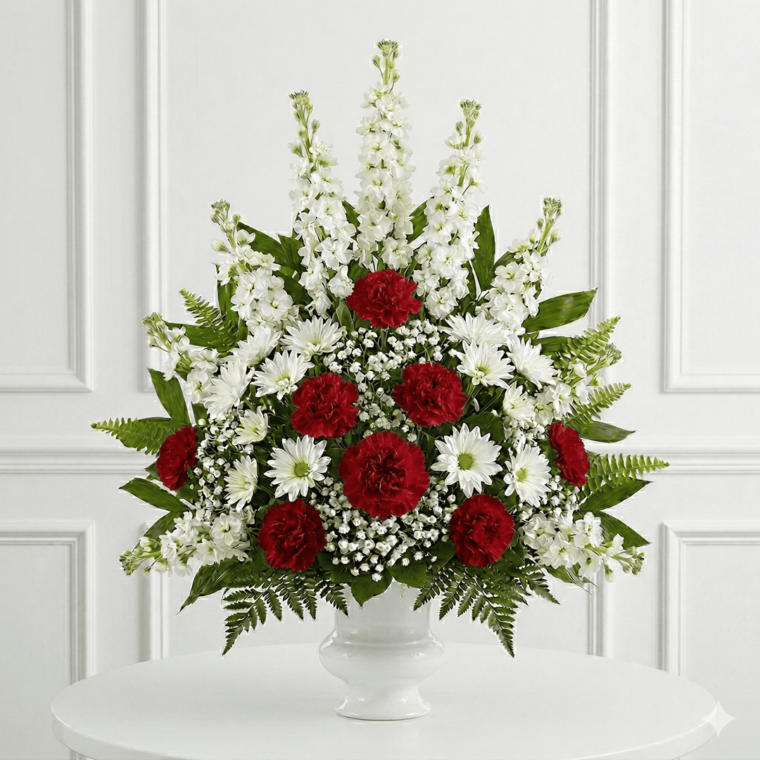 Urn Arrangement: Carnations, Mums & Baby Breath (Red & White)