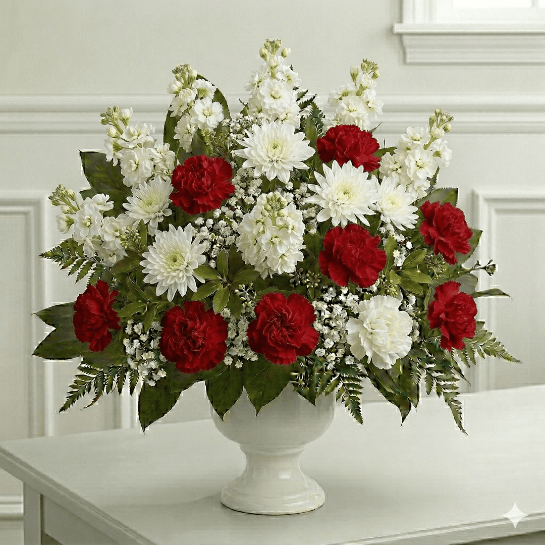 Urn Arrangement: Carnations & Mums (Red)