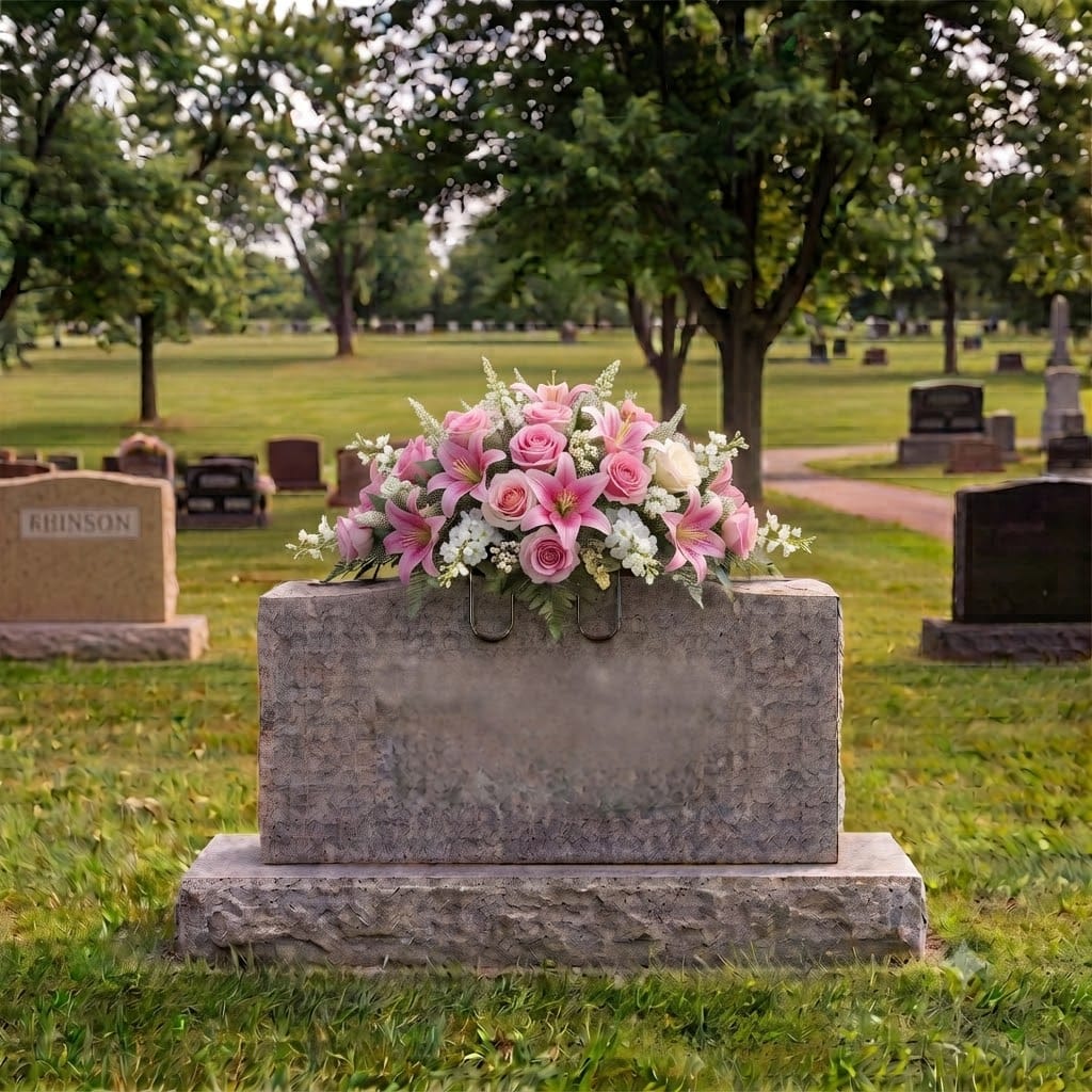 Tombstone Saddle: Lilies & Roses (Pink) on a headstone