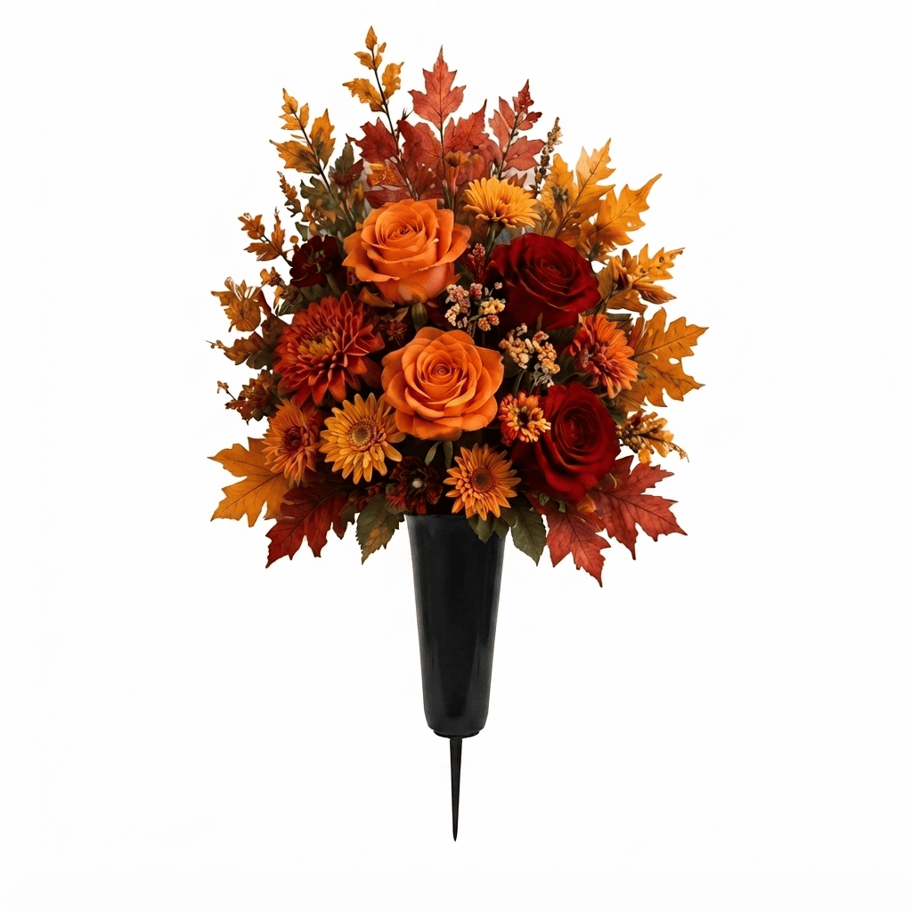 Artificial Cemetery Cone: Roses & Chrysanthemums (Red & Orange)