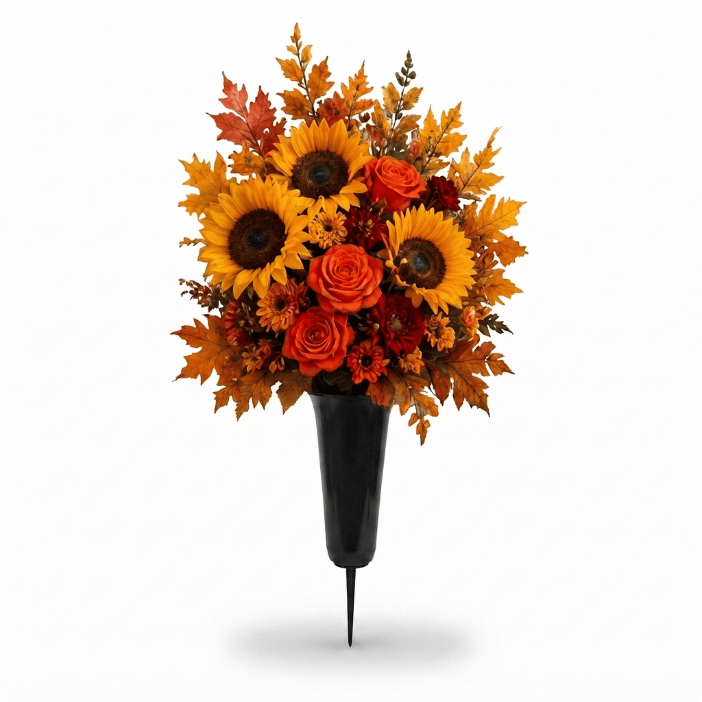 Artificial Cemetery Cone: Sunflowers, Roses & Chrysanthemums (Orange & Yellow)