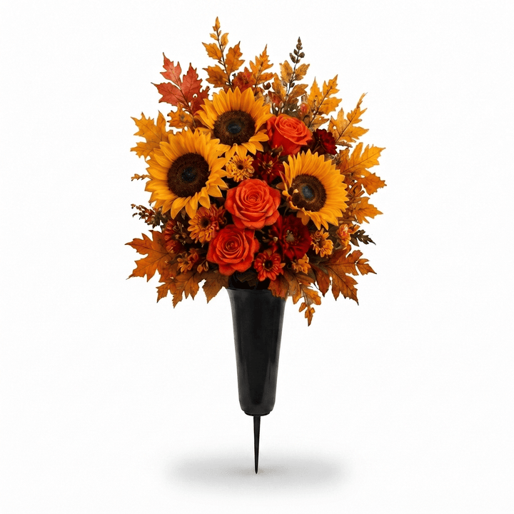 Artificial Cemetery Cone: Sunflowers, Roses & Chrysanthemums (Orange & Yellow)