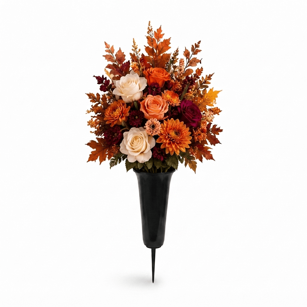 Artificial Cemetery Cone: Roses & Chrysanthemums (Orange, Cream & Burgundy)
