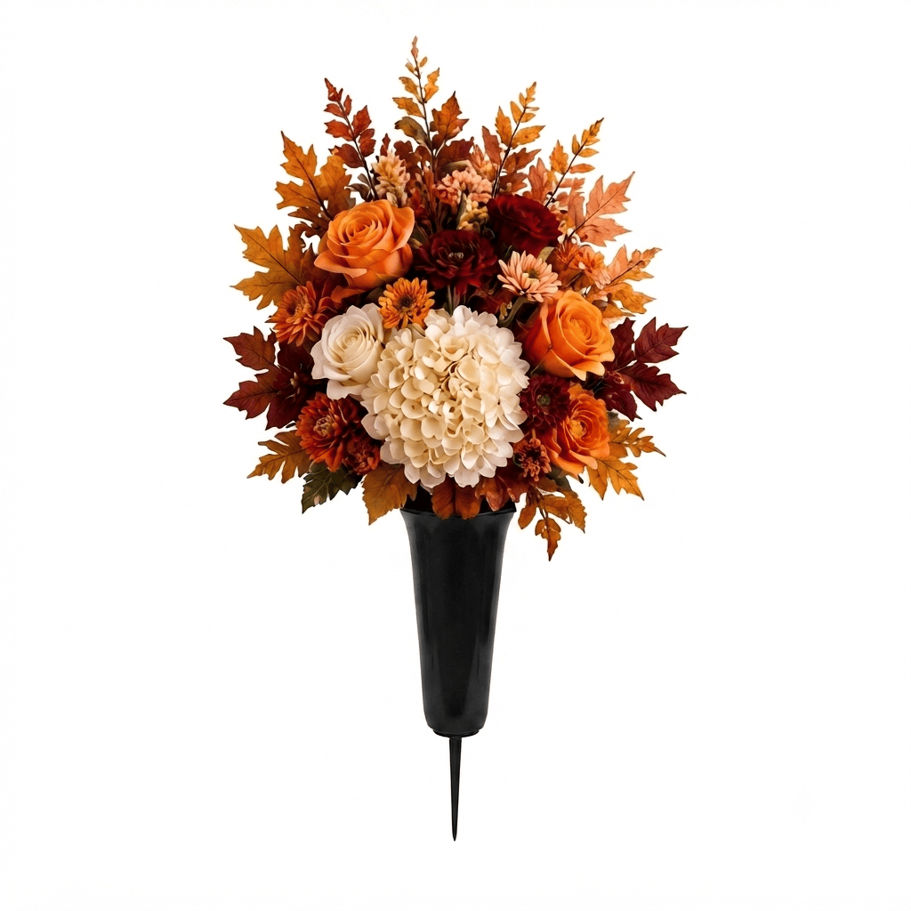 Artificial Cemetery Cone: Roses, Hydrangea & Chrysanthemums (Orange, Cream & Rust)