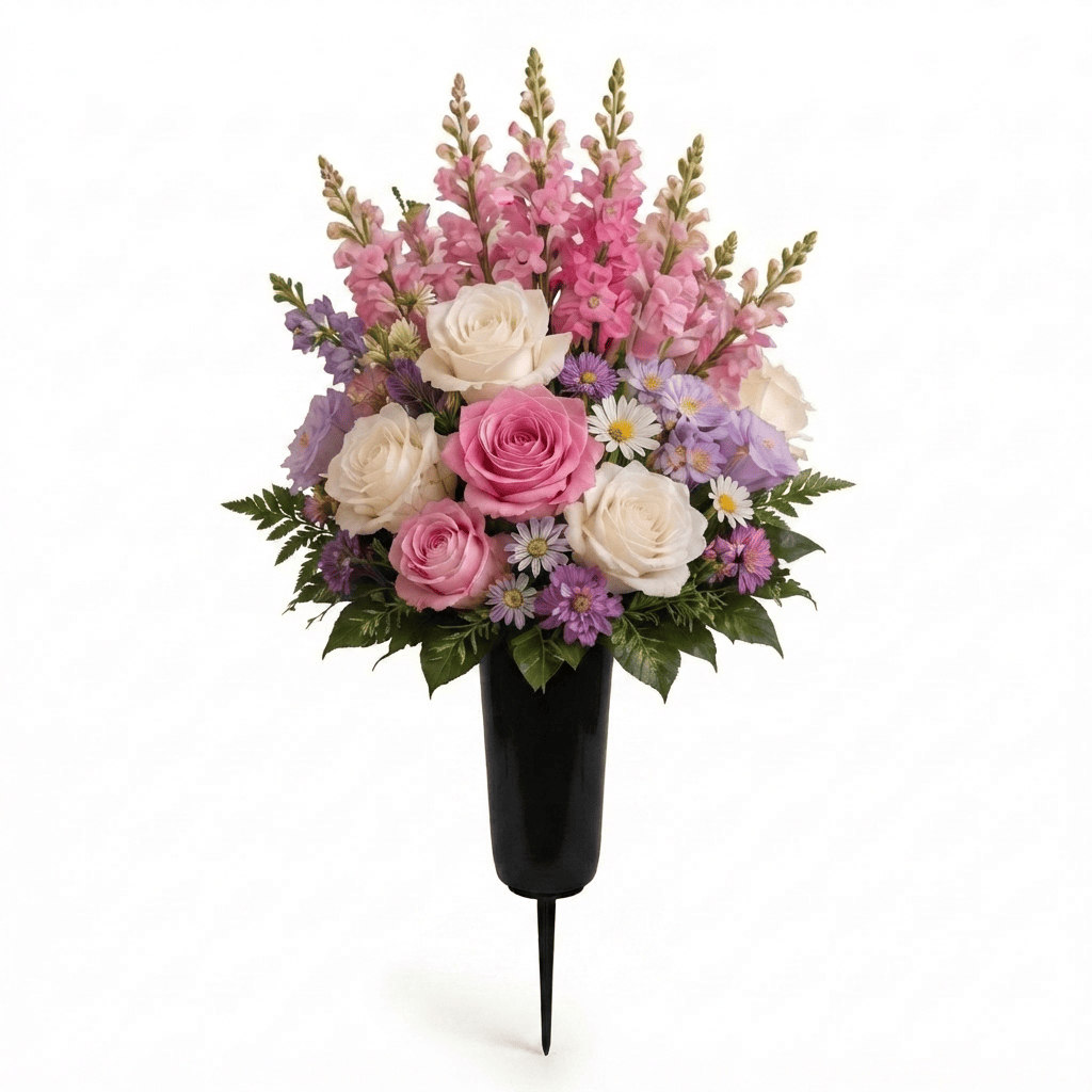 Artificial Cemetery Cone: Roses, Snapdragons & Asters (Pink, White & Lavender)