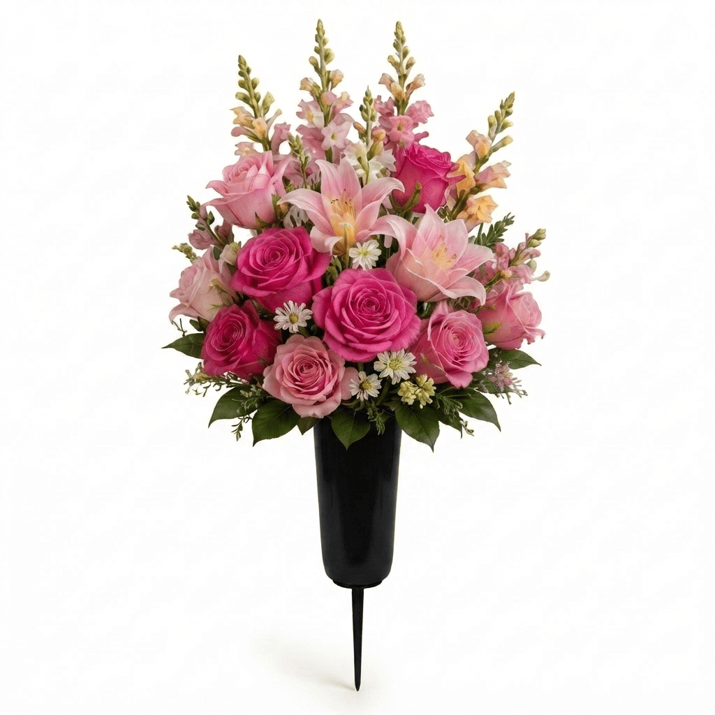 Artificial Cemetery Cone: Roses, Lilies & Snapdragons (Hot Pink & Peach)