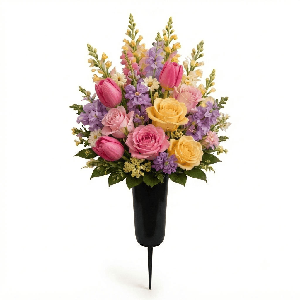 Artificial Cemetery Cone: Tulips, Roses & Snapdragons (Pink, Yellow & Lavender)