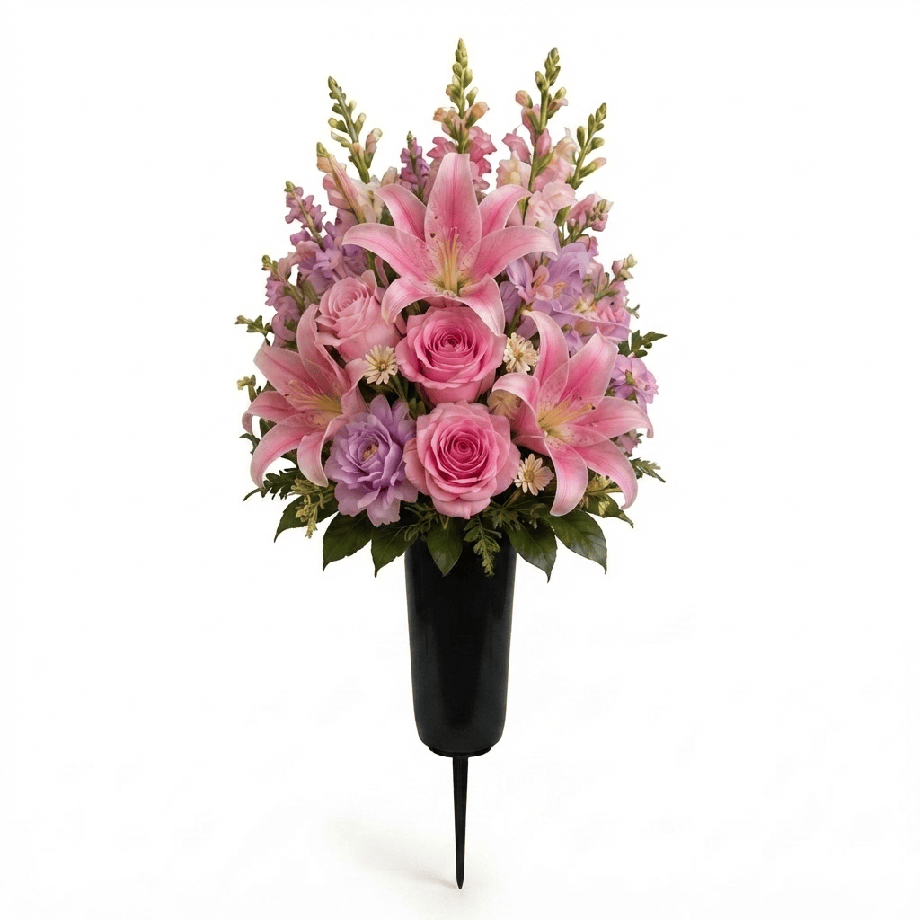 Artificial Cemetery Cone: Roses, Lilies & Snapdragons (Pink & Lavender)