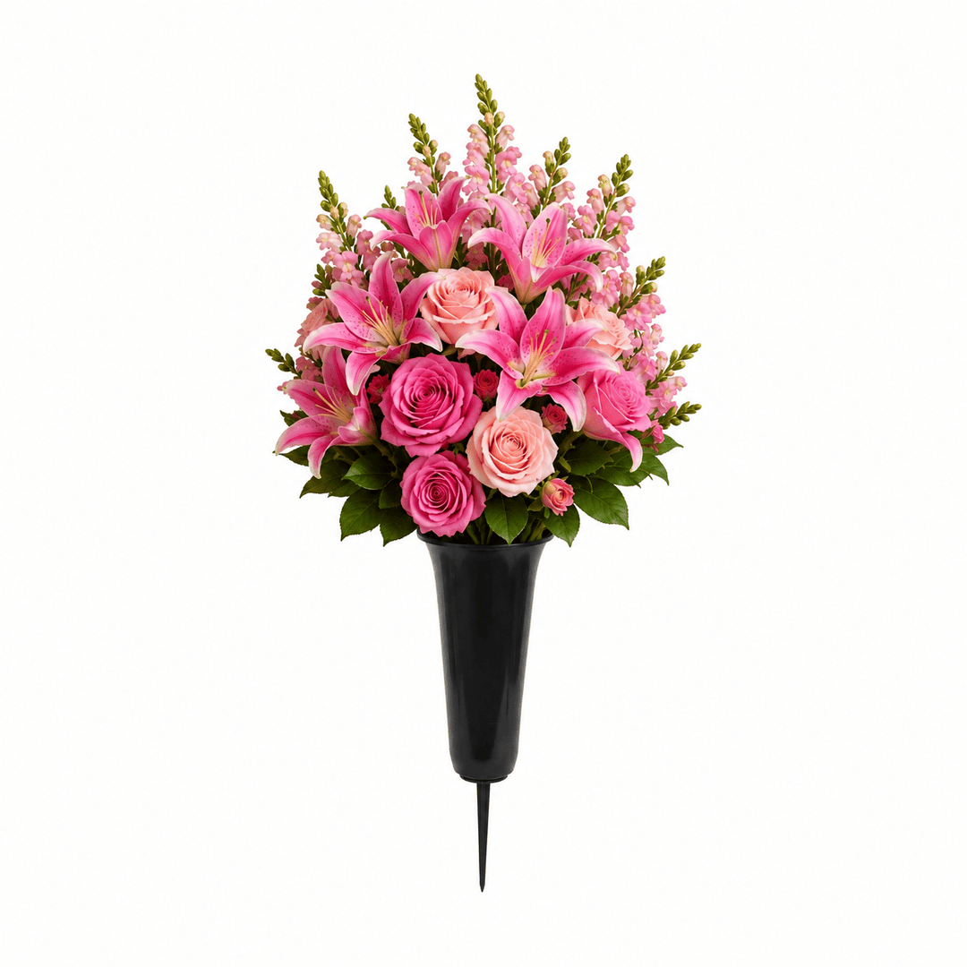 Artificial Cemetery Cone: Roses, Lilies & Snapdragons (Pink & Peach)