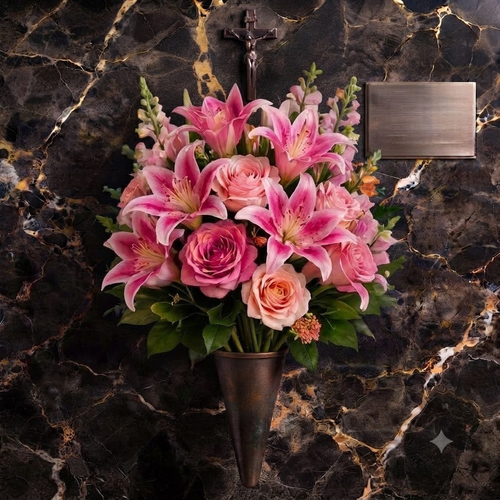 Artificial Mausoleum: Roses, Lilies & Snapdragons (Pink & Peach)