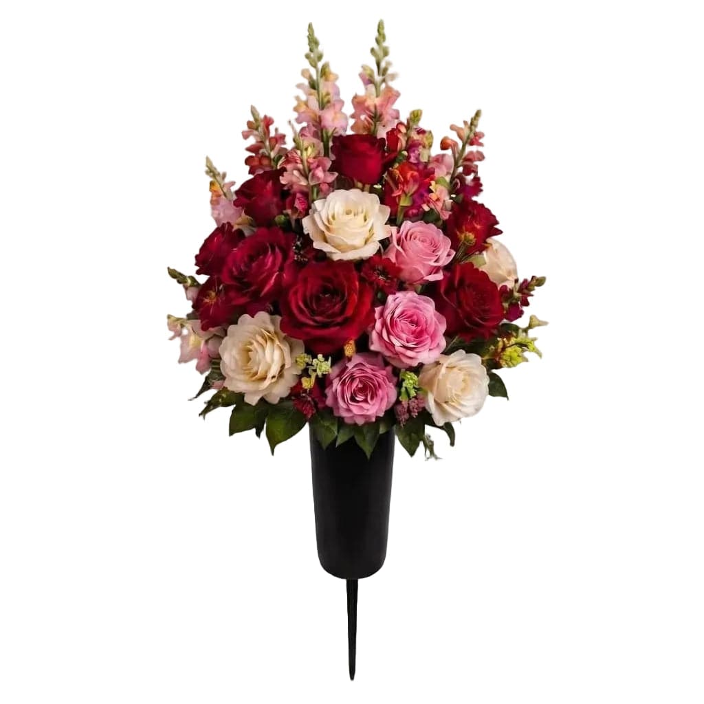 Artificial Cemetery Cone: Roses & Snapdragons (Red, Pink & Cream)