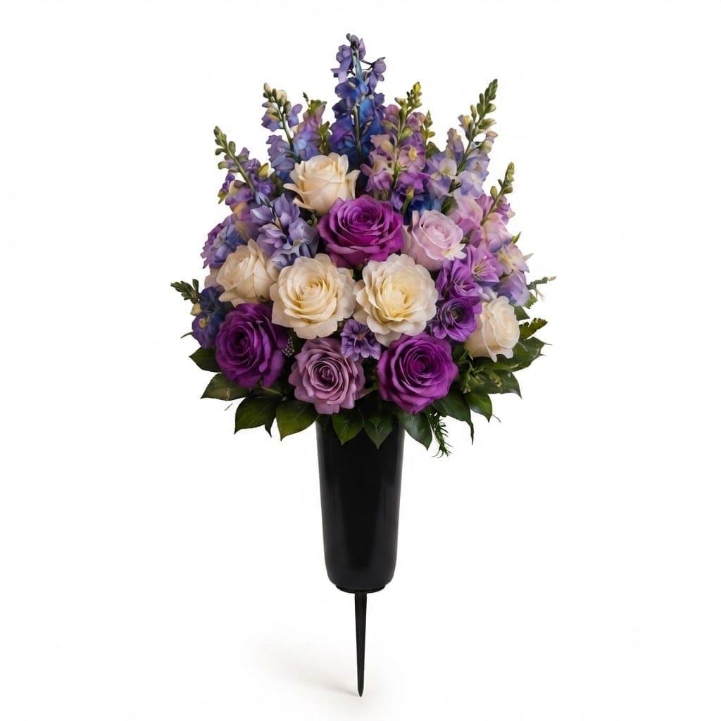 Artificial Cemetery Cone: Roses, Delphinium & Snapdragons (Purple, Cream & Blue)