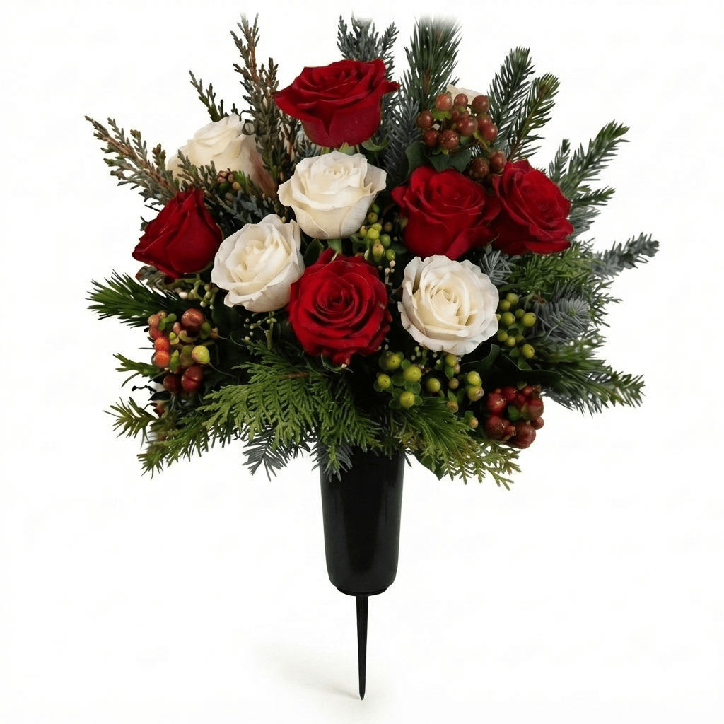 Artificial Cemetery Cone: Roses & Hypericum Berries (Red & White)
