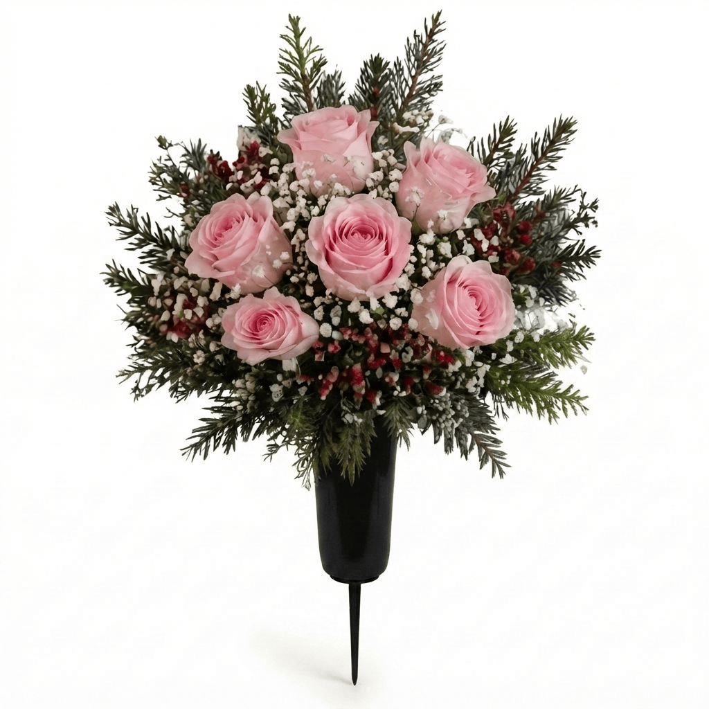 Artificial Cemetery Cone: Roses, Baby's Breath & Hypericum Berries (Pink)