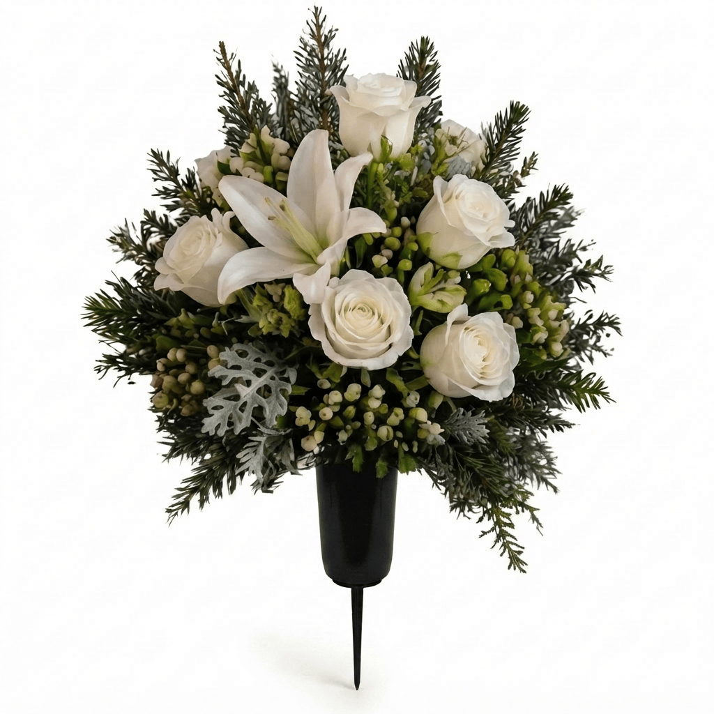 Artificial Cemetery Cone: Roses, Lily & Hypericum Berries (White & Green)