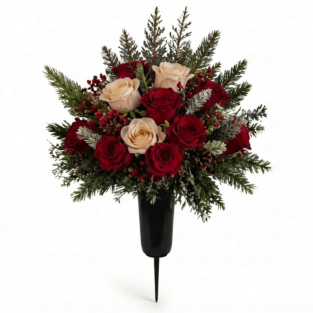 Artificial Cemetery Cone: Roses & Hypericum Berries (Red & Cream)