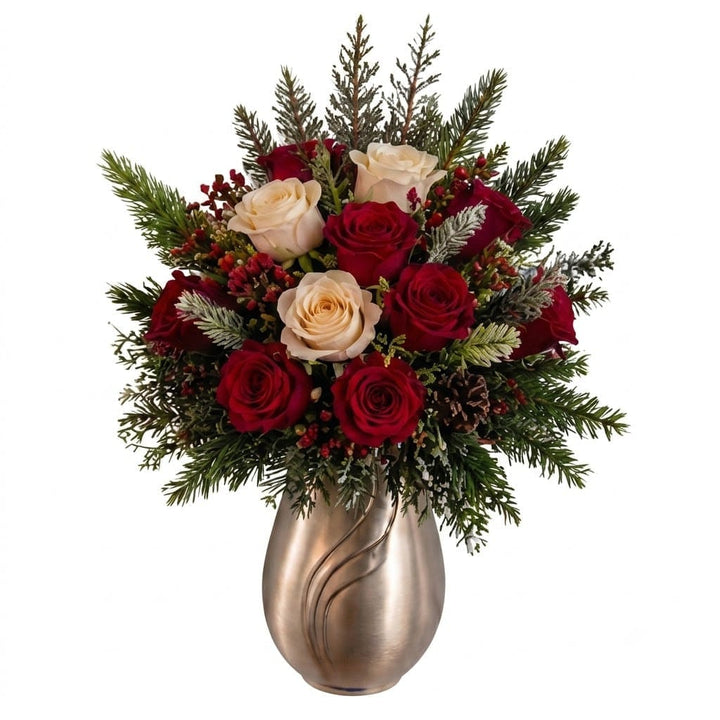 Artificial Mausoleum: Roses & Hypericum (Red & Cream) — Winter, silver vase display