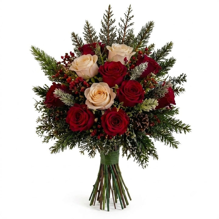Artificial Mausoleum: Roses & Hypericum (Red & Cream) — Winter, bouquet stems view