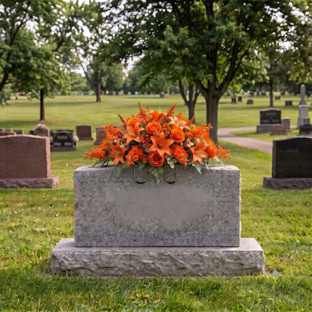 Tombstone Saddle: Lilies & Roses (Orange) on a headstone