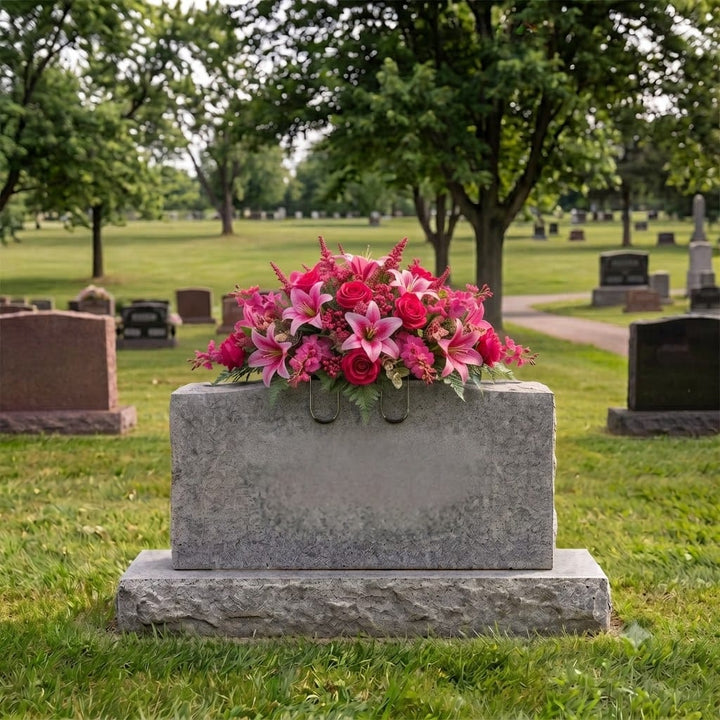 Tombstone Saddle: Lilies & Roses (Hot Pink) on a headstone